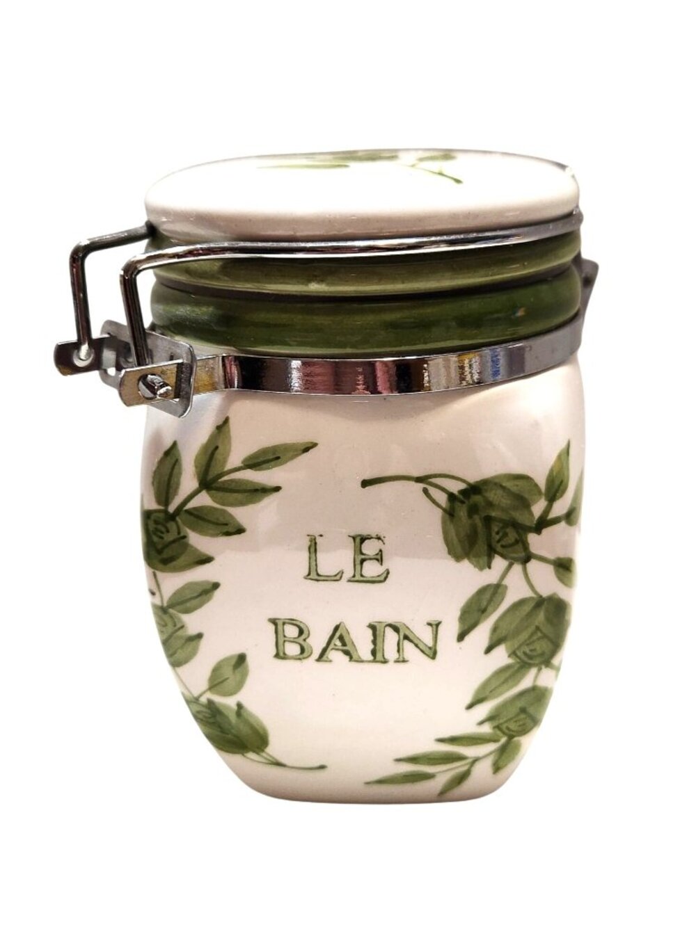 Vintage Ceramic Le Bain Canister Jar With Leaf Design & Metal Clamp Lid